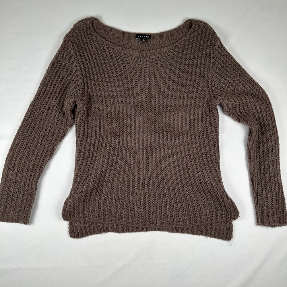 Trouvé Chunky Knit Sweater Size L Taupe Brown Boat Neck Acrylic Blend
